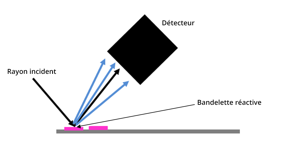 Illustration : le rayon incident est projecté en direction de la bandelette réactive. Les rayons issus de la réflexion spéculaire et de la réflexion diffuse sont captés par le détecteur/.