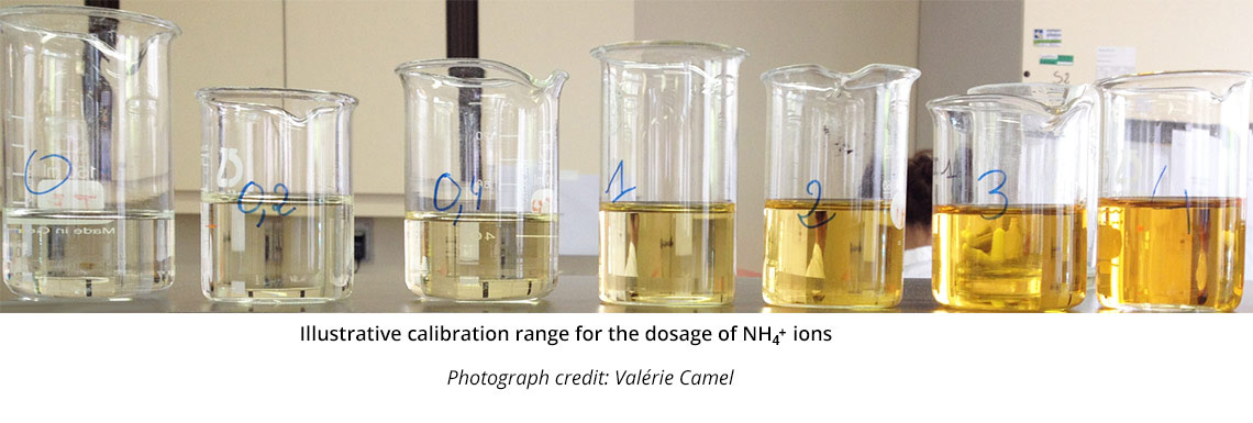 Illustration of a standard range for the determination of NH4+ ions. A series of 7 beakers is arranged from left to right, each containing a liquid with an increasingly pronounced coloration, and bearing handwritten inscriptions ranging from 0 to 4.