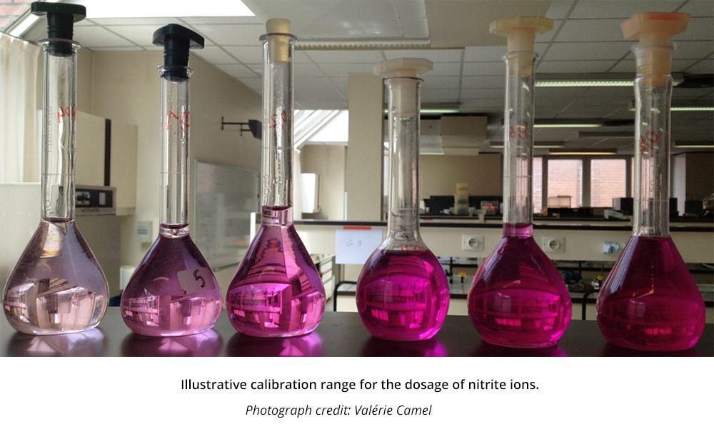 Illustration of a standard range for the determination of nitrite ions. 6 vials contain a violet liquid of increasingly pronounced color.