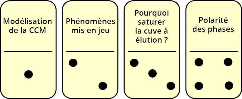 Menu de navigation. 4 dominos sont numérotés de 1 à 4, et proposent les sections suivantes : modélisation de la CCM, phénomènes mis en jeu, Pourquoi saturer la cuve à élution et polarité des phases.