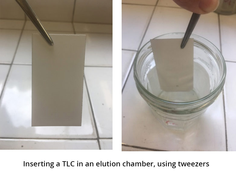 2 pictures : on the left, a TLC plate held by a clamp. On the right, the plate is positioned in the elution tank.