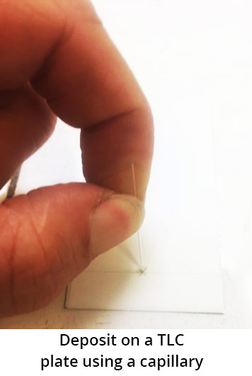 A white rectangular plate is marked with a cross in pencil. A hand holds a very thin rod, in contact with the center of the cross. The photo is subtitled: deposit of a sample with a capillary.