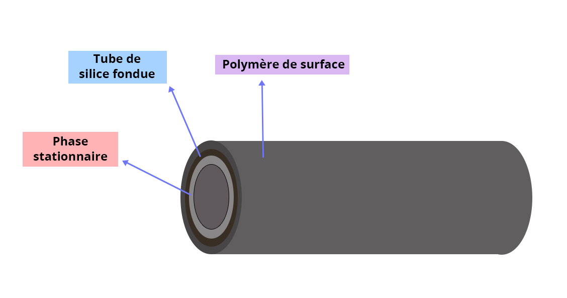 Schéma de la colonne avec ses 3 couches. La couche interne : la phase stationnaire, la couche intermédiaire : un tube de silice fondue, et enfin la couche externe : un polymère de surface.