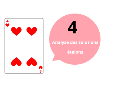 Illustration d'une carte 4 de coeur, accompagnée d'une bulle portant la mention "Analyse des solutions étalon"