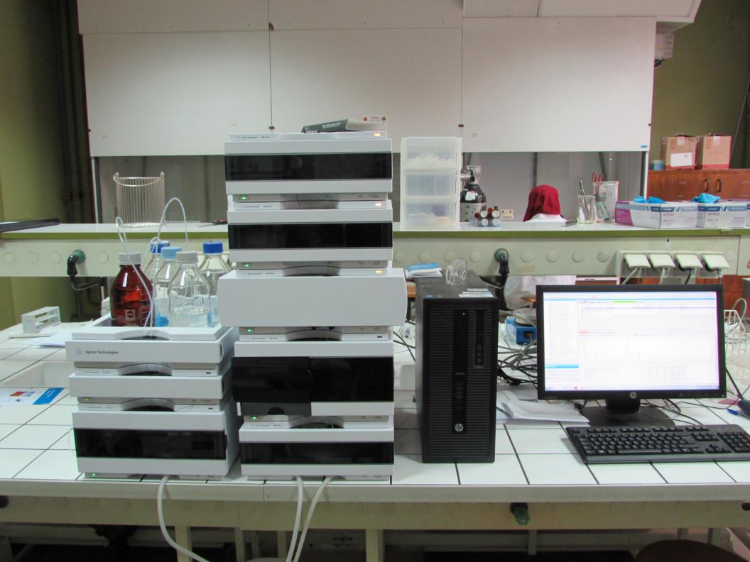 Phot of an HPLC apparatus on a bench. On the left the pump with pipes fed by glass bottles. In the center a column with several equipments superimposed: the detectors at the top, the column and its oven in the middle, the injector at the bottom. On the right is a computer which seems to control the apparatus.