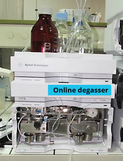 Photo showing the in-line degasser. It is positioned above the two pumps, and under the vials.
