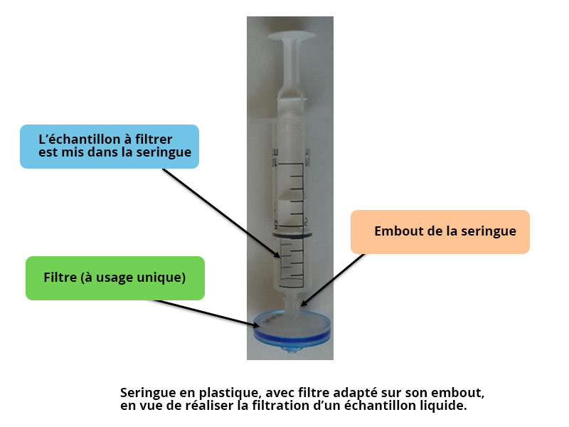 Seringue en plastique, avec filtre adapté sur son embout en vue de réaliser la filtration d'un échantillon liquide