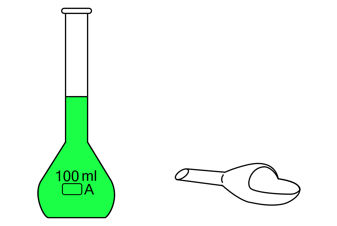 Illustration of a vial on the left, containing a green liquid and the inscription 100ml. On the right is a spatula.