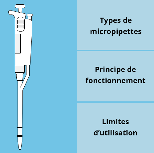 Menu de navigation. Illustration d'une micropipette, avec l'accès aux sections suivantes : types de micropipettes, principe de fonctionnement et limites d'utilisation.