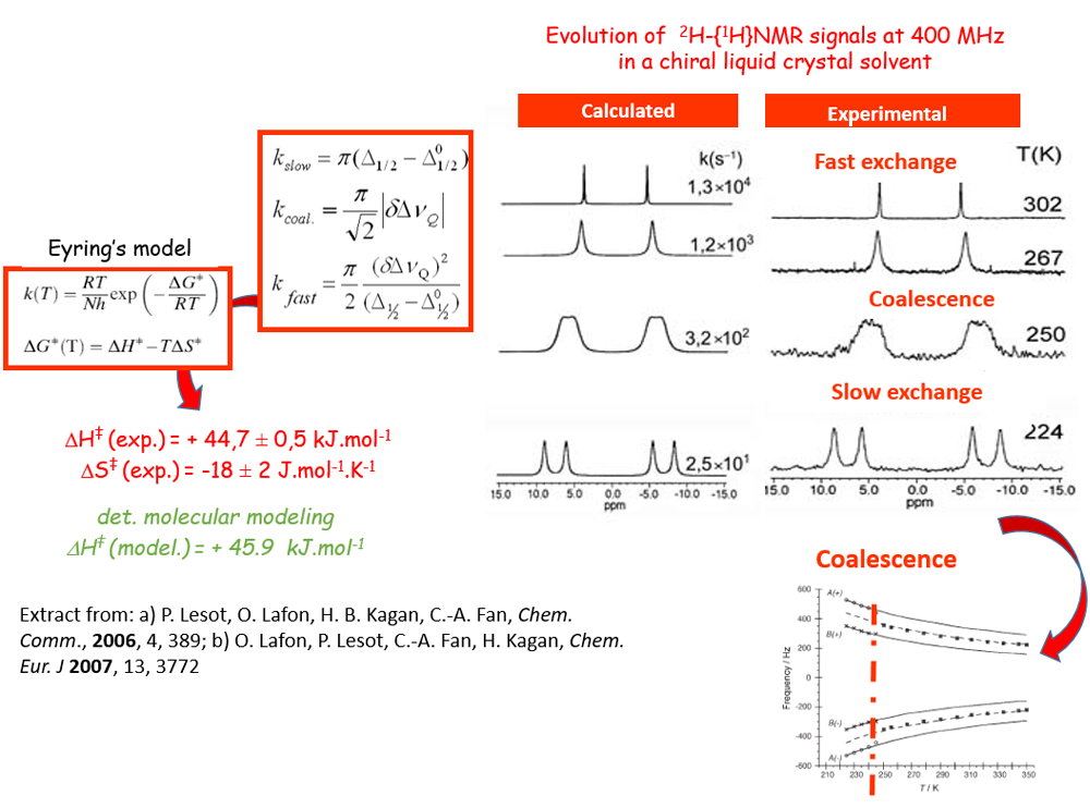 Comparison of the evolution of 2H-{1H} 400MHz NMR signals in a chiral crystal-liquid solvent, calculated then experimental.