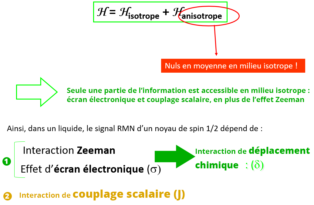 H = Hisotrope + Hanisotrope. Hanisotrope est nul en moyenne en milieu isotrope. Seule une partie de l'information est accessible en milieu isotrope : écran électronique et couplage scalaire, en plus de l'effet Zeeman.