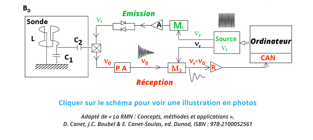 Schéma de principe d’un spectromètre par impulsions. La source transite par l'émission, puis par la sonde, puis la réception et enfin le CAN / Ordinateur.
