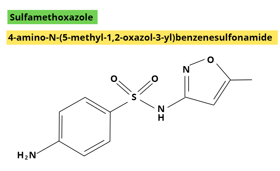 illustration of the sulfamethoxazole molecule, 4-amino-N-(5-methyl-1,2-oxazol-3-yl)benzenesulfonamide