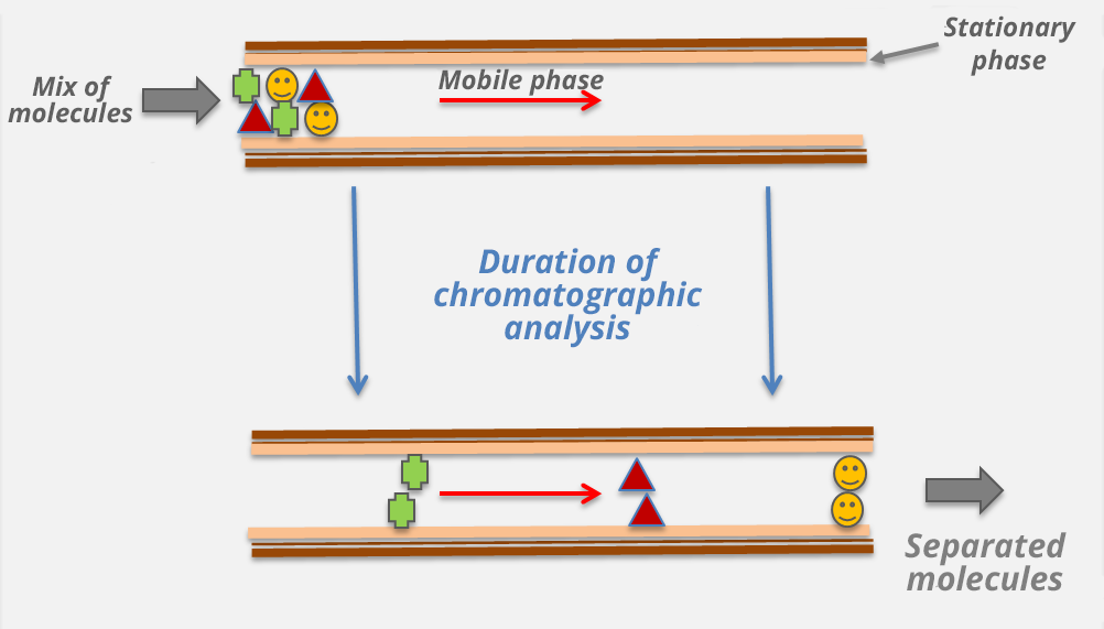 Illustration: top, the stationary phase. The mixture of gacuhed molecules evolves in the stationary phase. In the center, the duration of the chromatographic analysis. Bottom, the molecules are separated in the mobile phase.