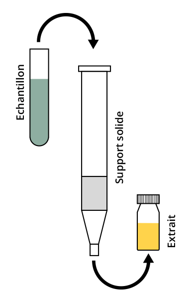 Illustration : l'échantillon contenu dans un tube à essai passe passe un support solide, avec pour résultat l'extrait dans une fiole.
