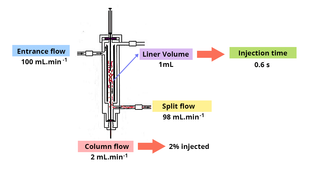 Diagram showing the volumes and flow rate in the injector. Inlet flow rate 100mL/min, column flow rate 2 mL/min (2% injected), leakage flow rate 98ml/min, and finally the liner volume 1mL, with an injection time of 0.6s.
