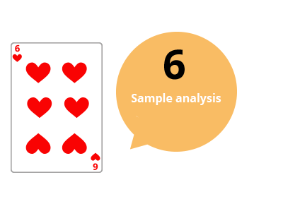 Illustration of a card 6 of heart, with a bubble with the mention "Sample analysis".