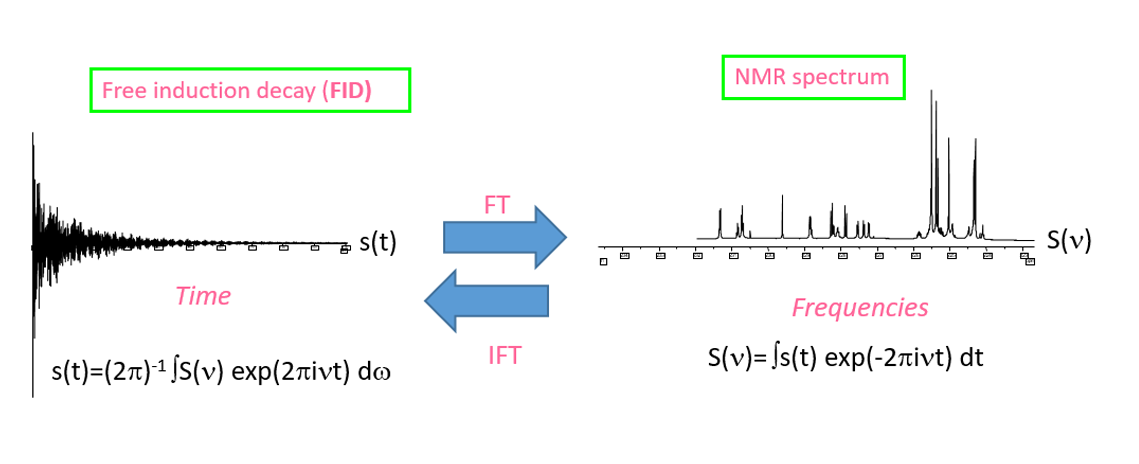 On the left an interferogram (FID) whose signal evolves in time. On the right, after Fourier transformation, an NMR spectrum, whose abscissa corresponds this time to the frequencies.