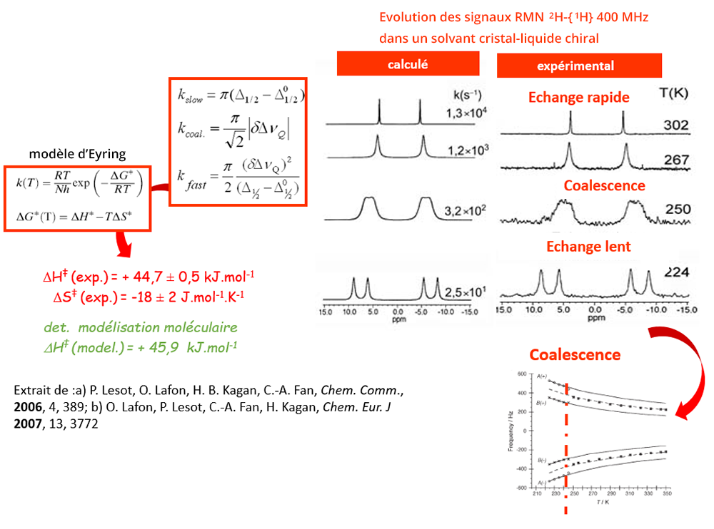Comparaison de l'évolutions des signaux RMN 2H-{1H} 400MHz dans un solvant cristal-liquide chiral, calculé puis expérimental.