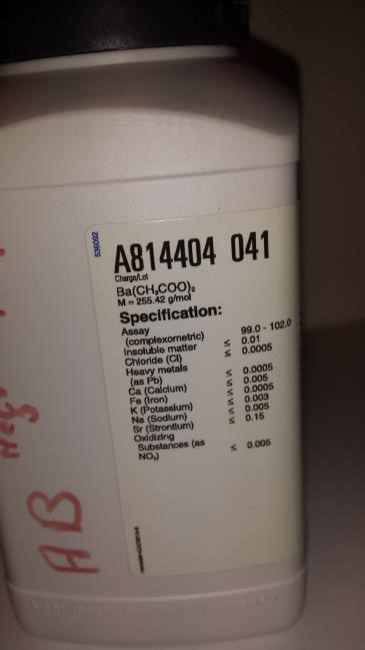 Another view of the barium acetate container. It shows the specifications of each component.