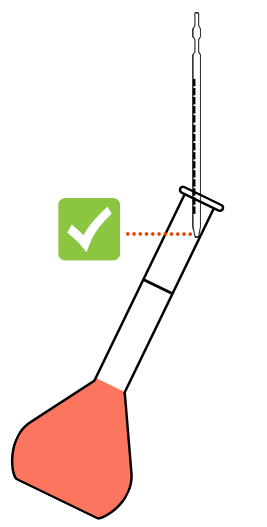 illustration of a pipette in a slanted vial. the tip of the pipette makes contact with the wall of the vial.