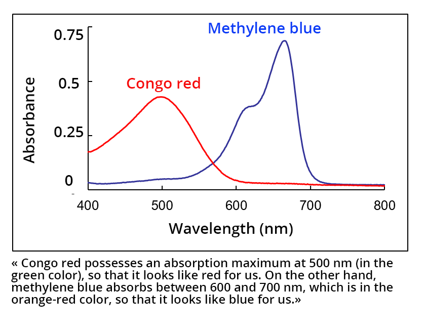 Two absorption spectra: congo red and methylene blue. The congo red has a maximum absorption at 500 nm (in the green), it appears red. As for the methylene blue, it absorbs between 600 and 700 nm, ie in the orange-red: it appears blue.