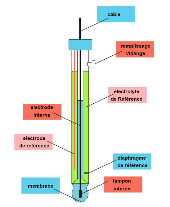 Illustration d'un électrode en vue de coupe. La vue présente un cylindre traversé de part en part par un cable. A l'extrémité se trouve la membrane, à l'intérieur de laquelle se trouve le tampon interne. Dans le corps se trouvent l'électrode interne et l'électrode de référence, l'électrolyte de référence ainsi que le diaphragme de référence.