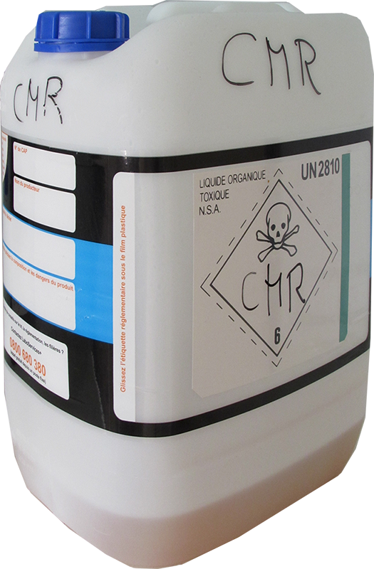 Photo of a plastic canister labeled with CMR handwritten on it