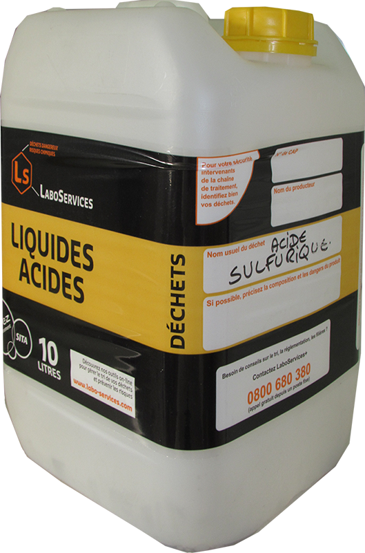 Photo of a plastic drum labeled as acidic liquids, with handwritten sulfuric acid