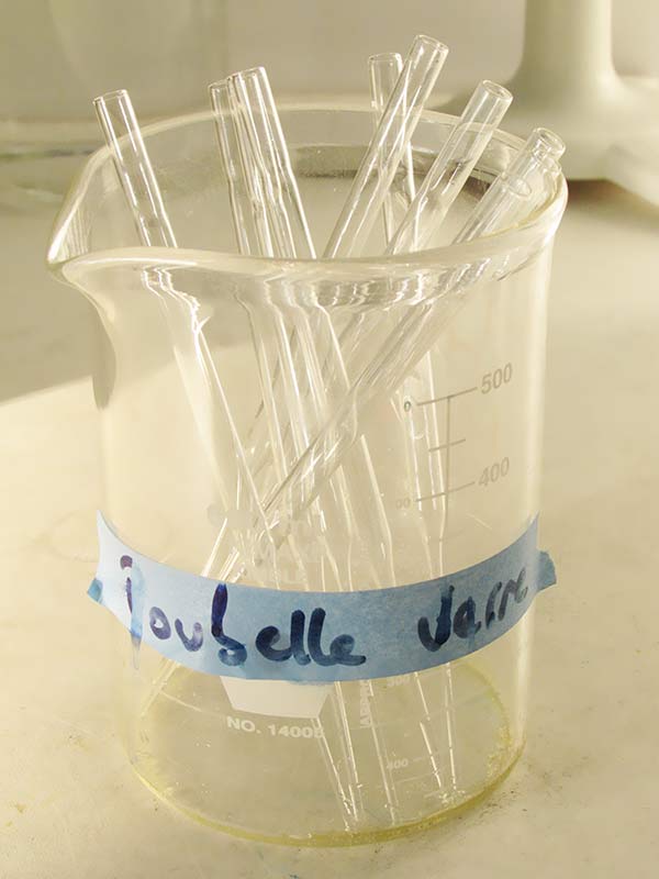 Photo of a beaker on a bench containing used pipettes